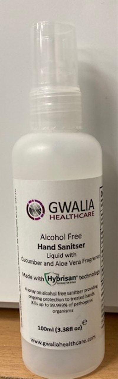 Gwalia Hybrisan 100ml Hand Sanitizer Bottle Front View (100ml Fda Product 260321 1.1)